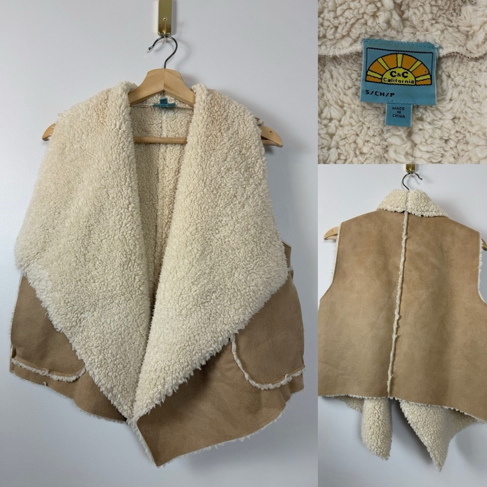 C&C‎ California Womens Sz Medium Faux Shearling Sherpa Distressed Suede Vest